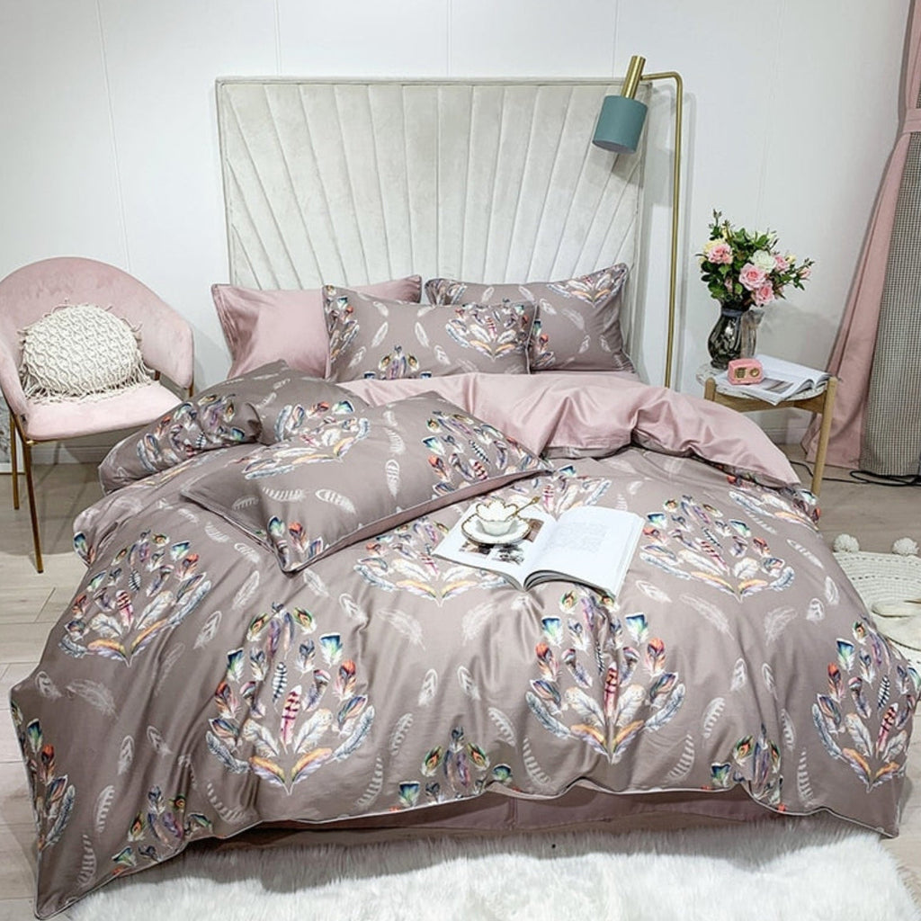 LINKORI Graciu Feather duvet cover full set with feather print and pink sheet on modern velvet headboard bed