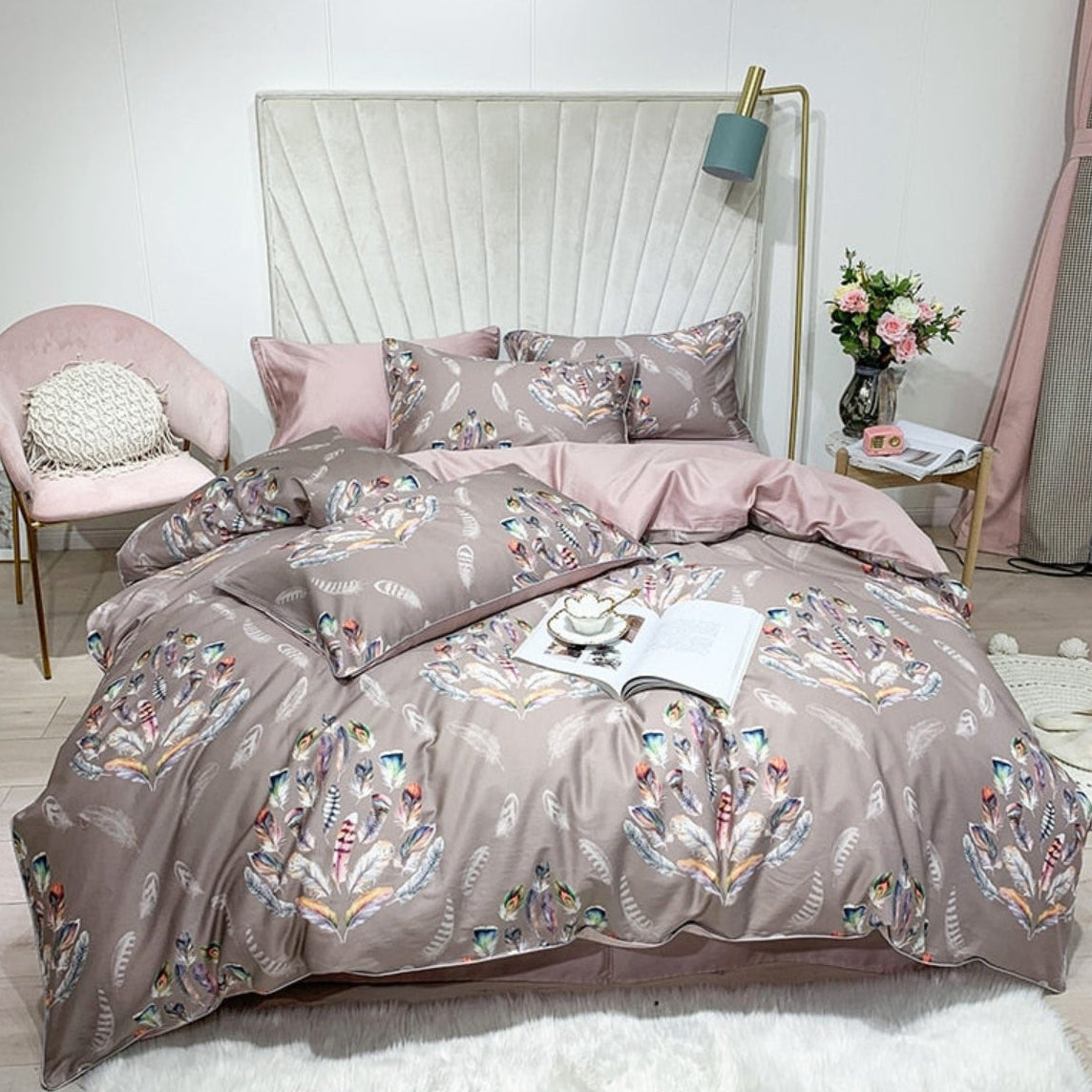 LINKORI Graciu Feather duvet cover full set with feather print and pink sheet on modern velvet headboard bed