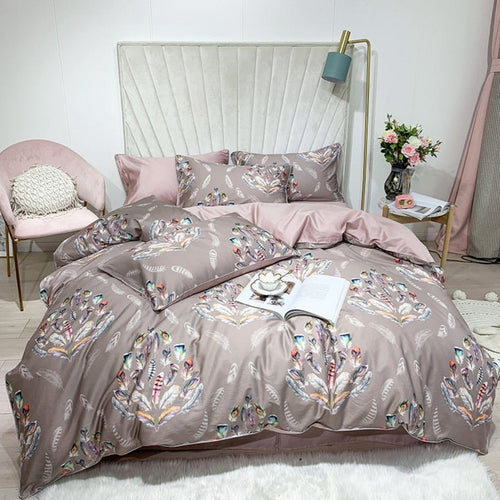 LINKORI Graciu Feather duvet cover full set with feather print and pink sheet on modern velvet headboard bed