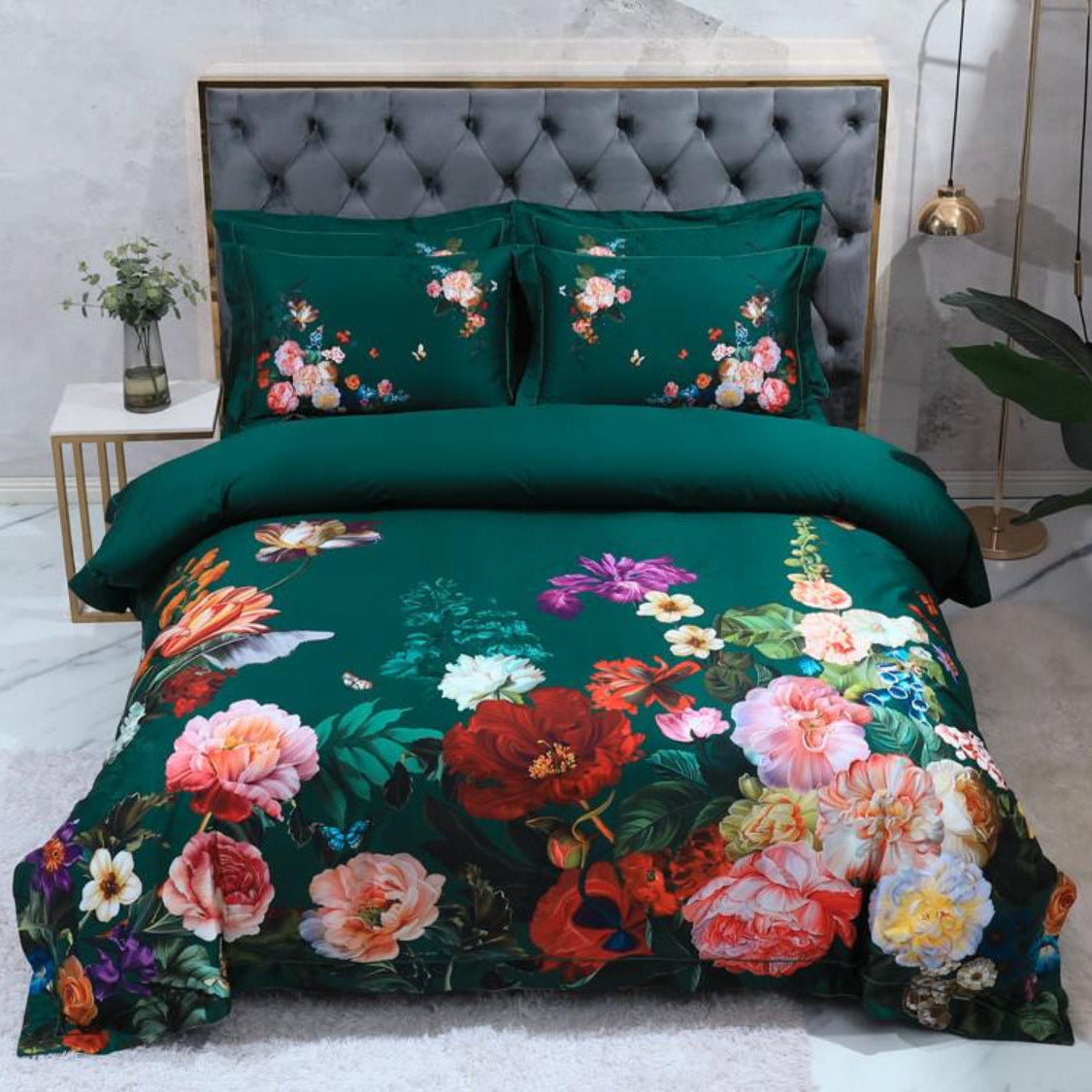 Deep green floral duvet cover set styled on a luxury bed with bold botanical print – LINKORI G. The Flowers