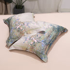 Close-up of two landscape-printed pillows on beige flat sheet – floral and Eastern scenery details | LINKORI Orientalic