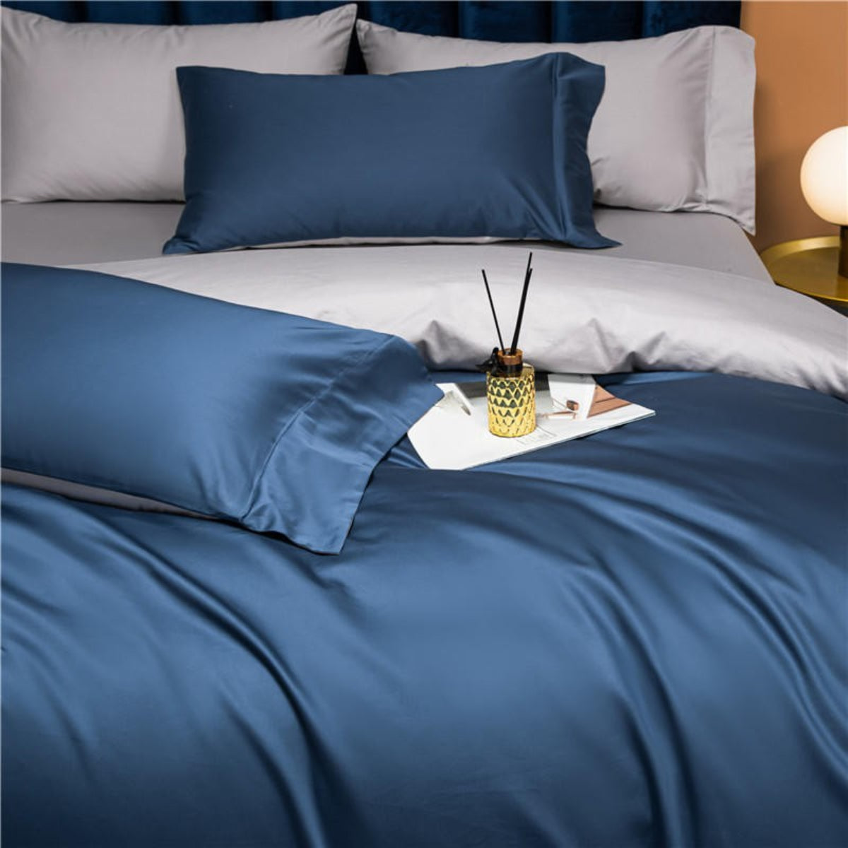 Reversible blue grey bedding set — silky smooth 800TC Egyptian cotton with luxury finish.