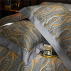 Paisley print pillow pair on baroque duvet cover – grey border detail and sculpted texture on 1000TC Egyptian cotton | LINKORI, design highlight shot