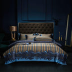 Royal Blue & Gold Stripe Bedding – Full Set Front View on Bed | LINKORI Wovo