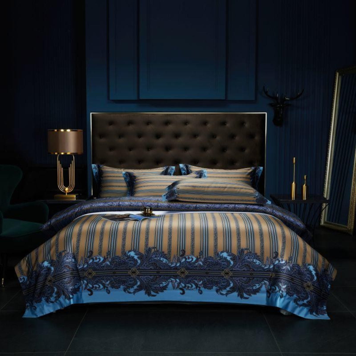 Royal Blue & Gold Stripe Bedding – Full Set Front View on Bed | LINKORI Wovo