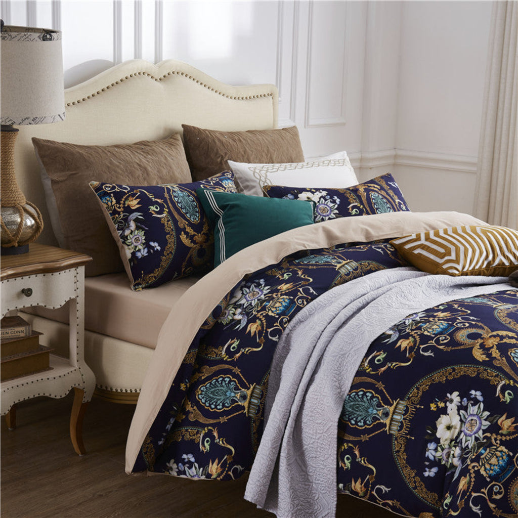 Side view of Doquar duvet cover set – elegant medallion motif and contrast reverse side on beige base | LINKORI Doquar