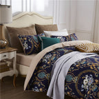 Side view of Doquar duvet cover set – elegant medallion motif and contrast reverse side on beige base | LINKORI Doquar