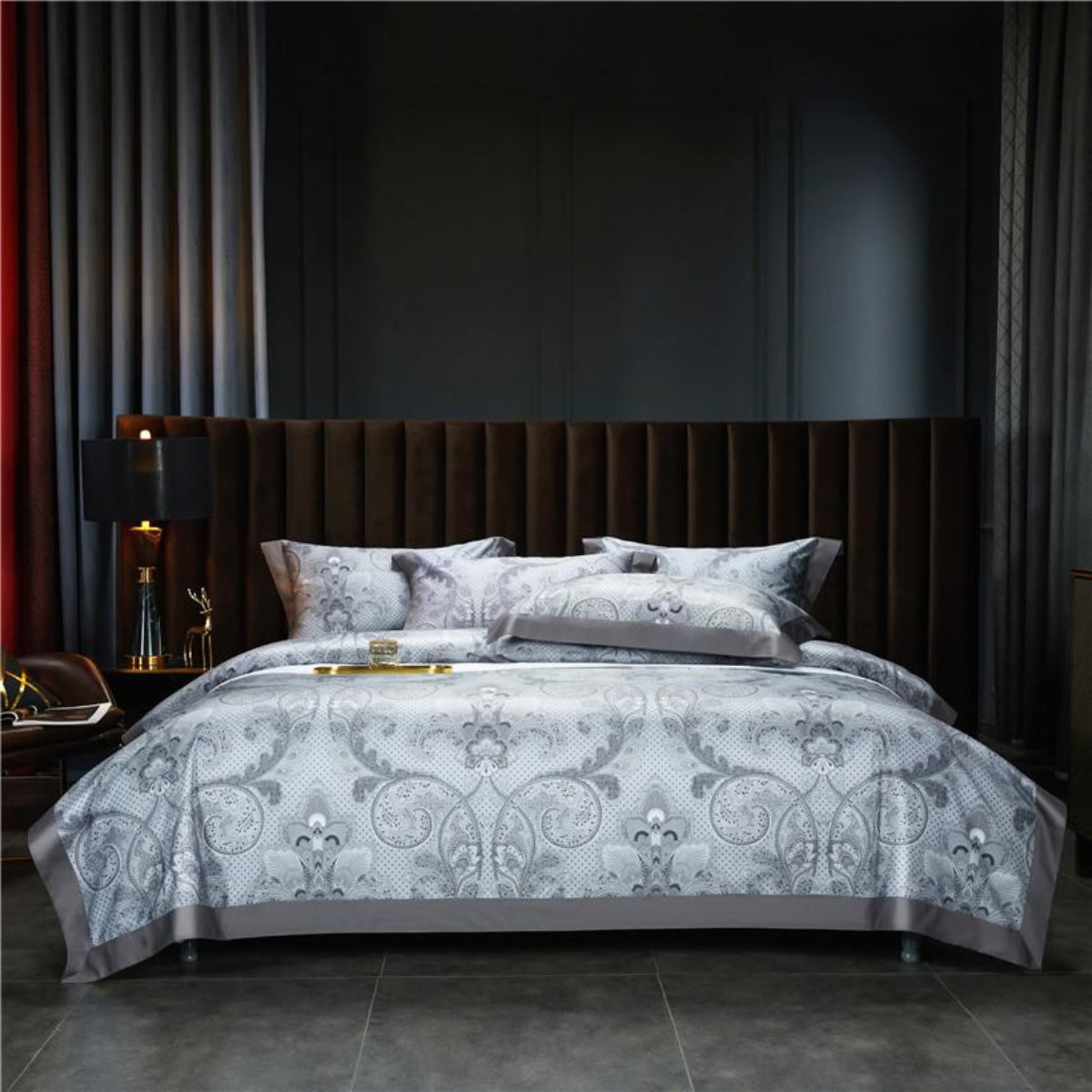 Grey floral luxury duvet cover with piped pillows – 1000TC Egyptian cotton bedding for quiet luxury bedrooms | LINKORI, top styling shot