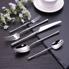 Lilla Silver Shining mirror-polished stainless steel flatware set on grey woven napkin — 5-piece place setting (dinner knife, dinner fork, dinner spoon, salad/dessert fork, teaspoon), 304/420 luxury cutlery, modern minimalist table | LINKORI
