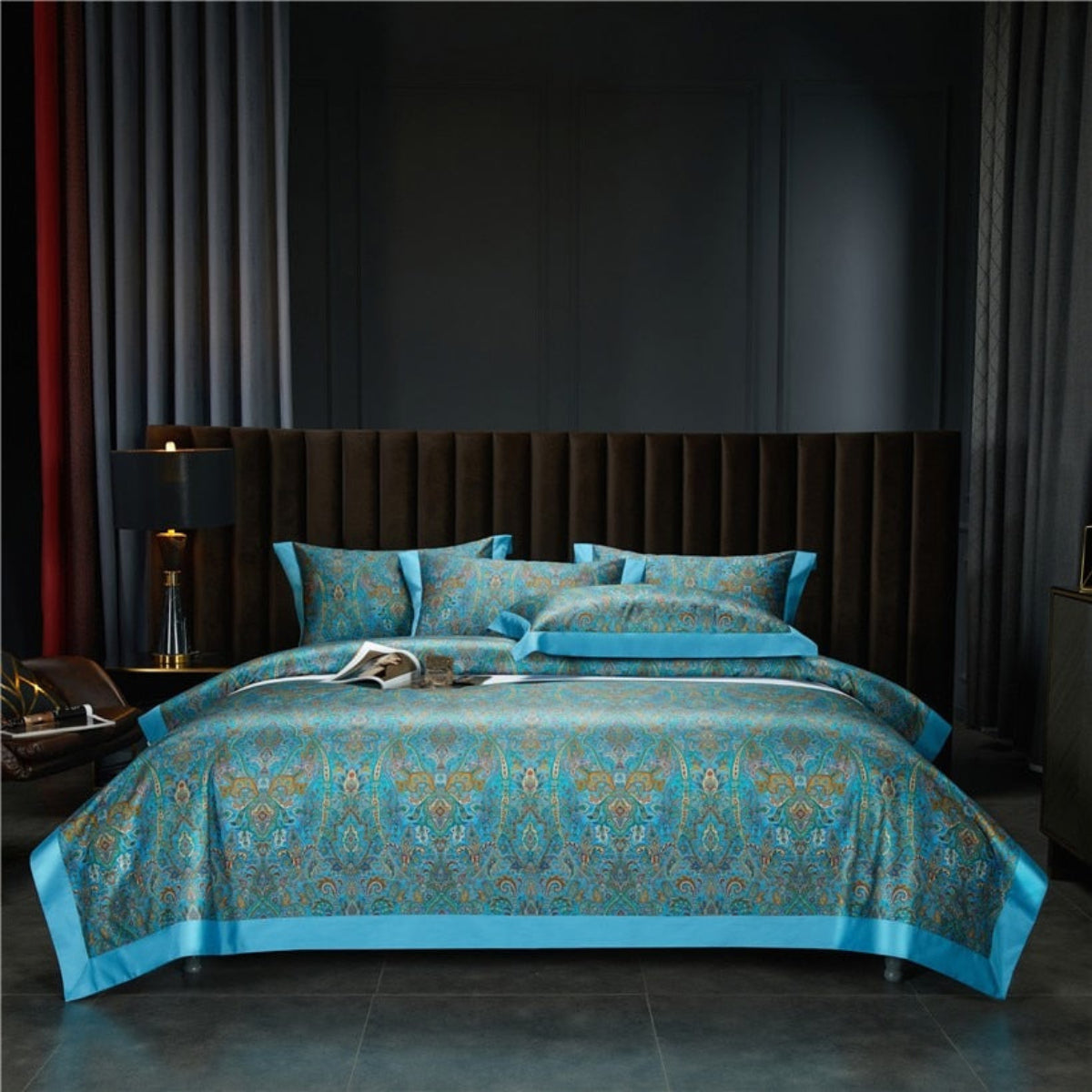 Turquoise flat sheet with two pillows in vintage luxury room — Ornate golden paisley design for sophisticated, heritage-inspired bedrooms.