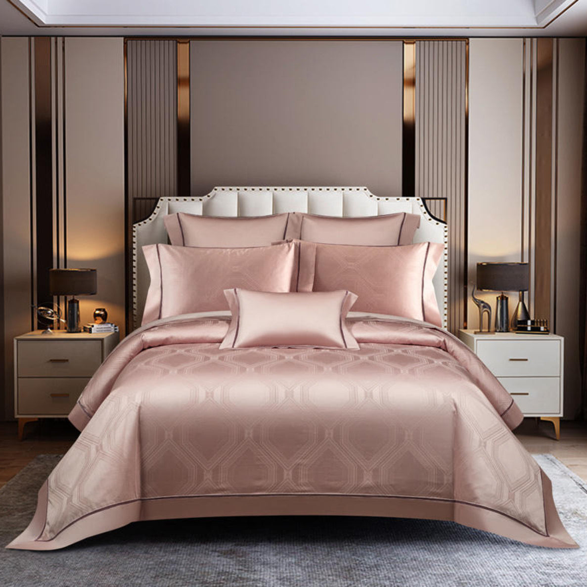 Dusty pink satin duvet cover set with square pillows on pink flat sheet – 800TC Egyptian cotton bedding for quiet luxury bedrooms | LINKORI, top view