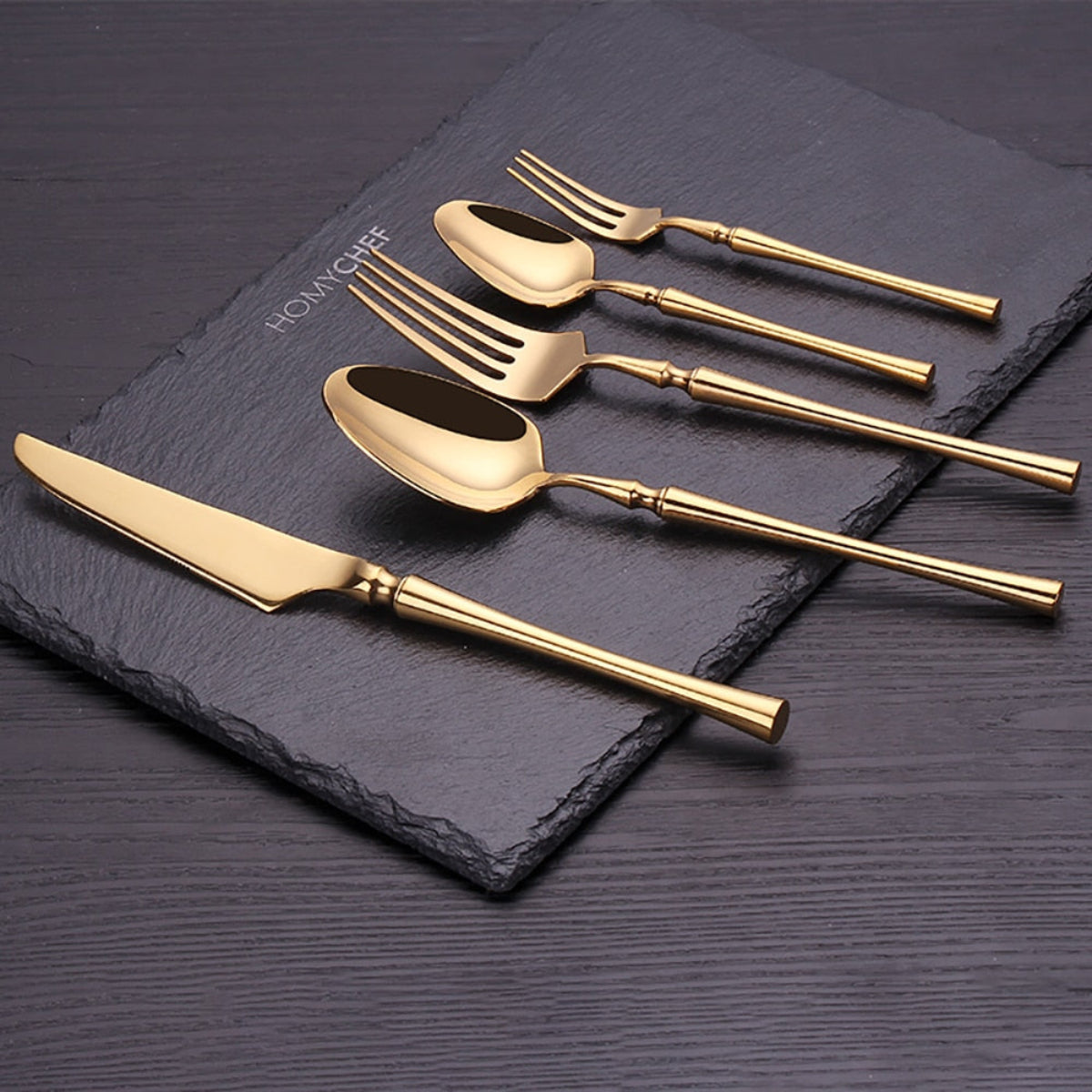 Luxury gold flatware on table, mirror-polished 304/420 stainless steel, modern dining décor — LINKORI Lilla Gold Shining