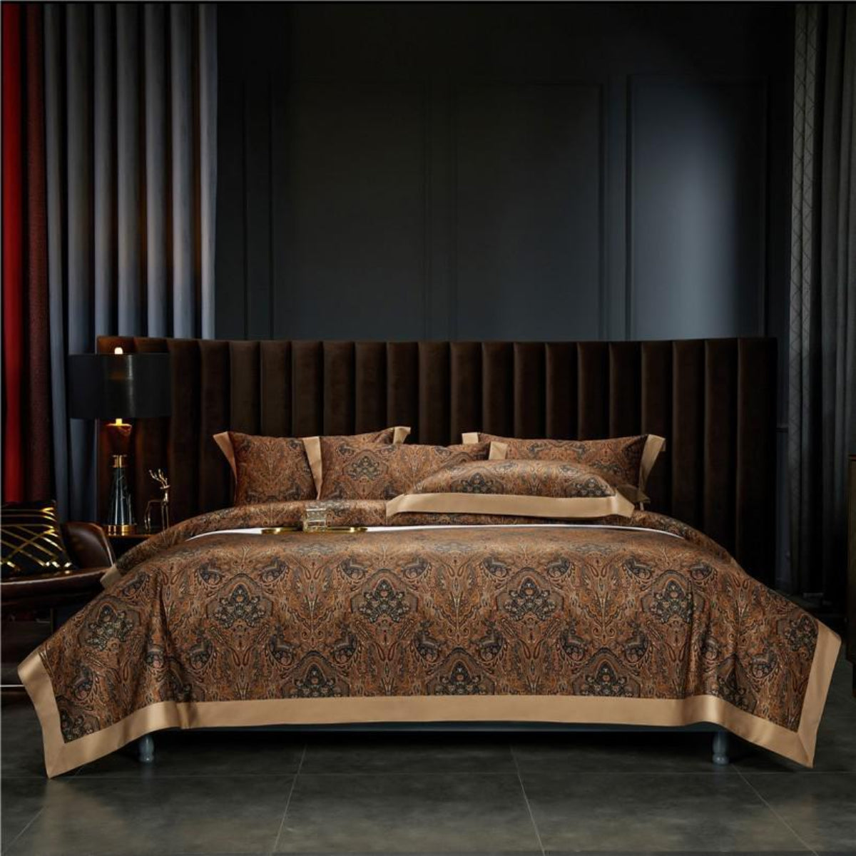 Luxury brown paisley Egyptian cotton duvet cover set styled in a castlecore-inspired bedroom with dark velvet headboard and moody lighting — LINKORI Zuvric Collection.