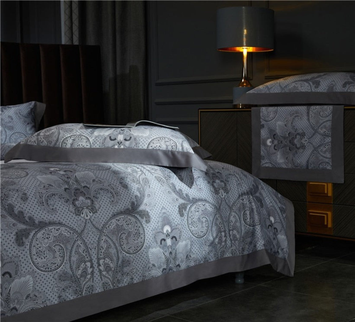 Vintage-inspired grey bedding set with scroll pattern duvet and pillows – hotel-quality Egyptian cotton for elegant interiors | LINKORI, styled bedroom view
