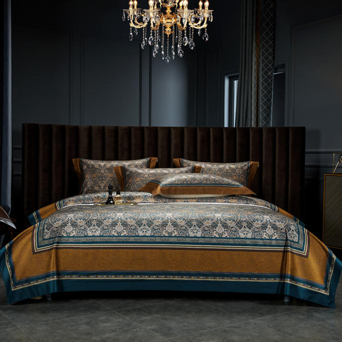 Baroque floral duvet cover set full display on bed – 100% Egyptian cotton bedding in teal and brown