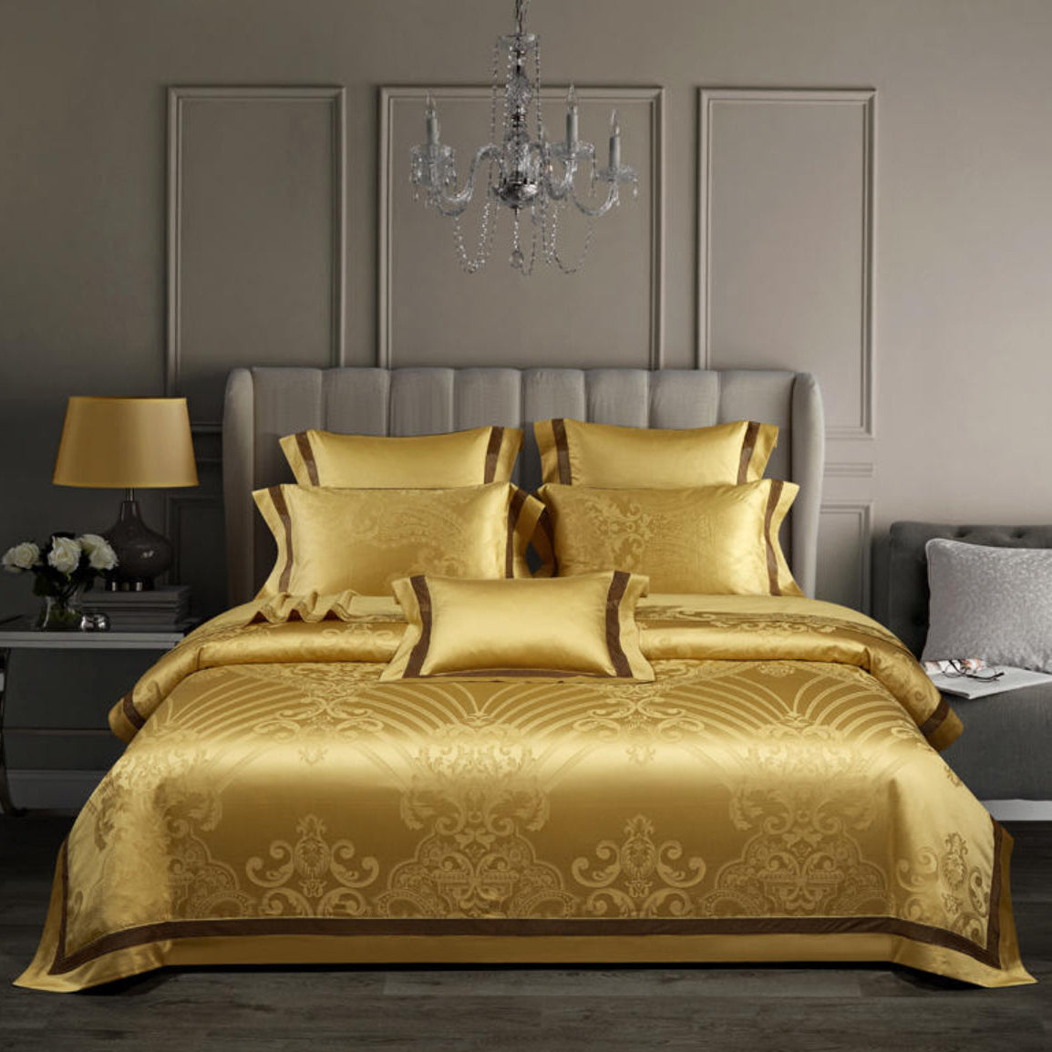 LINKORI Blangdra 7-piece golden duvet cover set styled in a regal bedroom – luxury Egyptian cotton bedding with baroque elegance