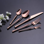 Full 5-piece mirror polished rose gold flatware set neatly aligned – LINKORI Lilla cutlery for luxury dining