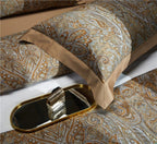 Gold Beige Pillow Pair on Flat Sheet with Baroque Duvet Pattern in Castlecore Style