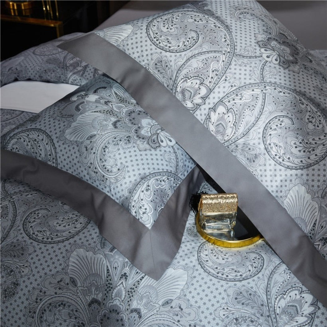 Grey floral pattern on duvet and pillows – elegant scroll design in smoky grey on 1000 thread count cotton | LINKORI, fabric detail view
