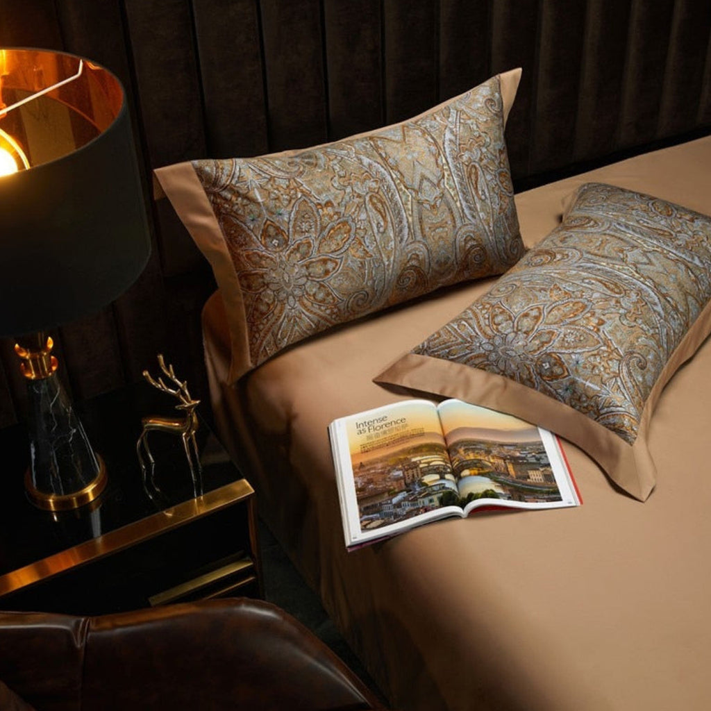 Jacquard Baroque Pillow Pair on Beige Flat Sheet – Ornate Gold Pattern Design