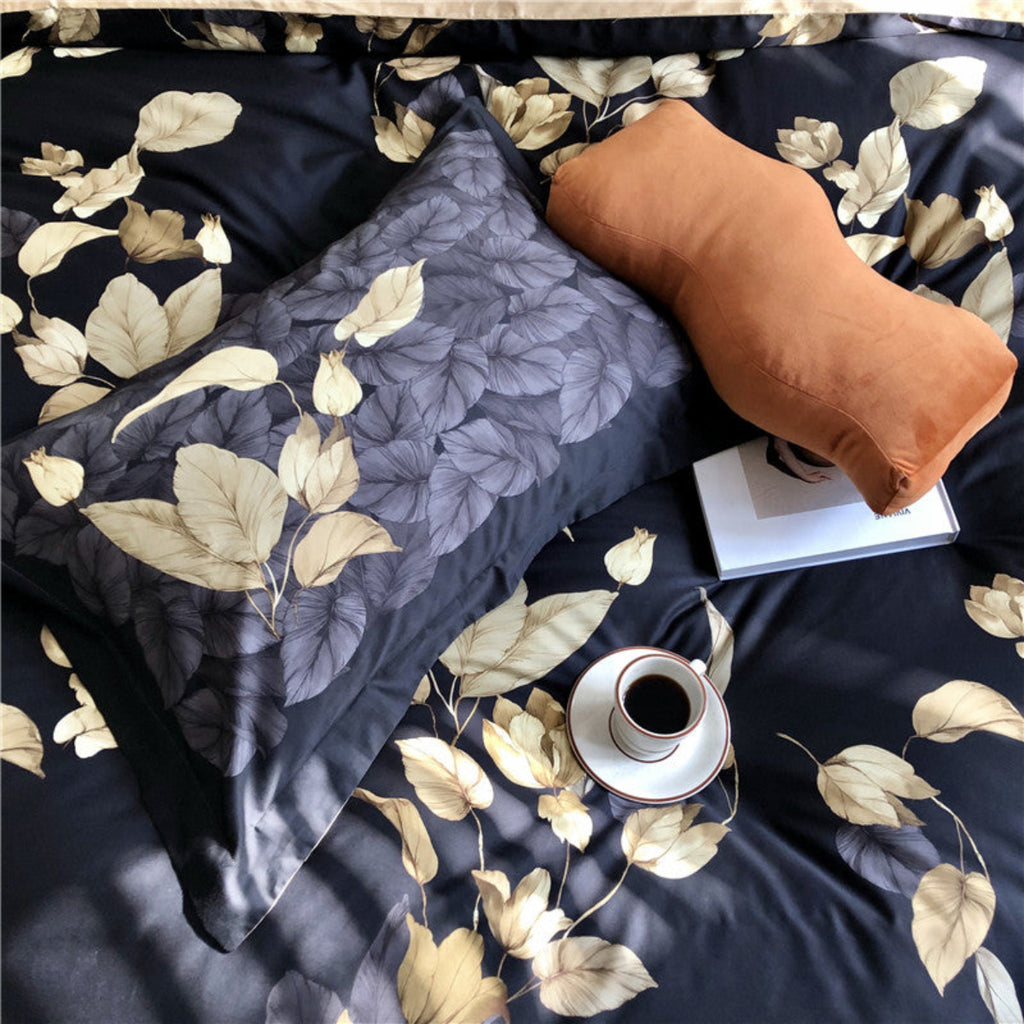 Nature-inspired bedding – black duvet cover with golden leaves, luxury Egyptian cotton 4-piece set for elegant contemporary bedrooms

