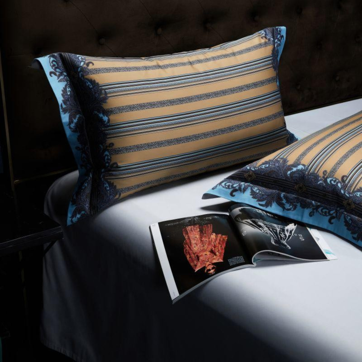 Blue & Gold Stripe Bedding – Two Pillows on Grey Flat Sheet Close-Up