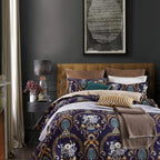 Full view of navy and gold reversible bedding with Egyptian cotton sheets – classic and dramatic design | LINKORI Doquar