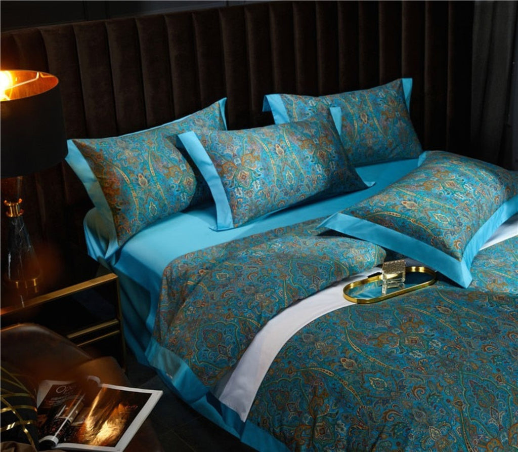 Textured duvet cover close-up — Silky-smooth 1000 thread count Egyptian cotton with intricate paisley weave for refined bedrooms.