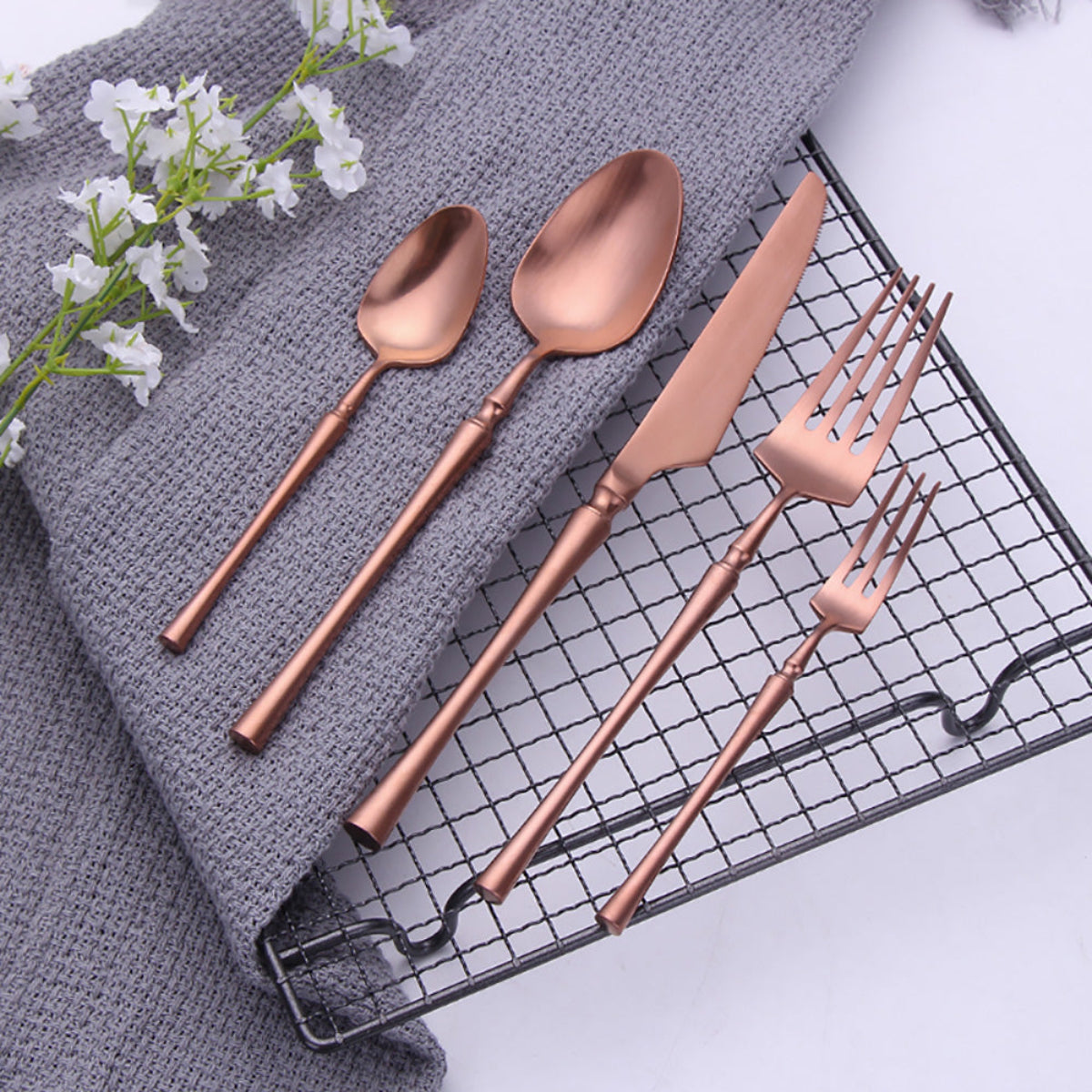 5-piece matte rose gold flatware set — elegant minimalist silverware for wedding, gifting, or upscale home dining