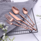 Matte rose gold cutlery handles in 304 stainless steel — chic flatware detail for minimalist and romantic dining decor