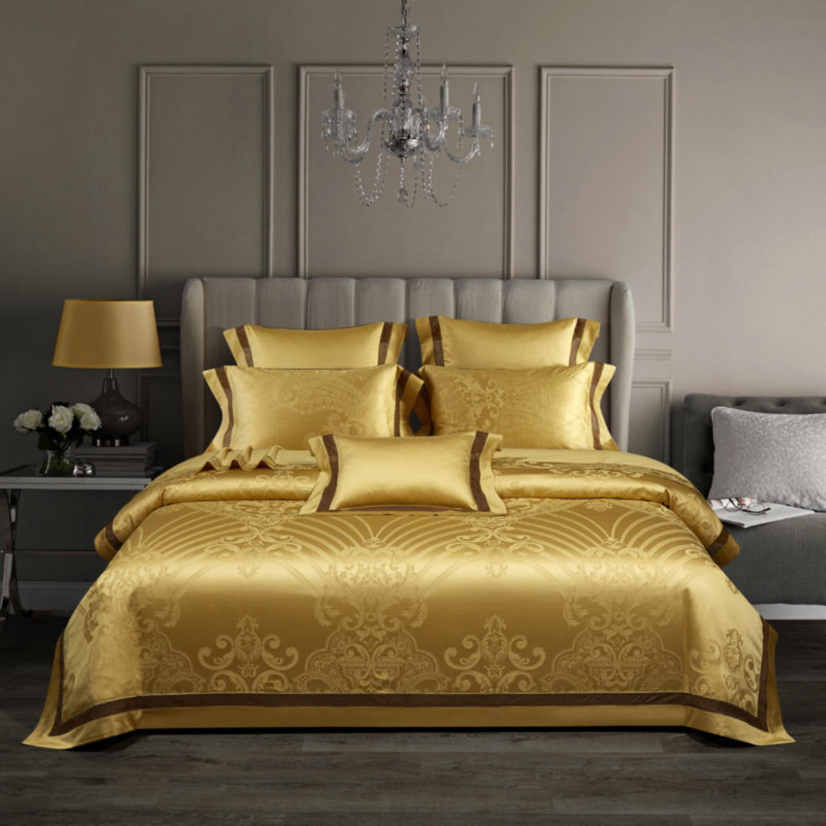 Full bed view of LINKORI Blangdra Egyptian cotton duvet set – 7-piece royal bedding in gold and brown