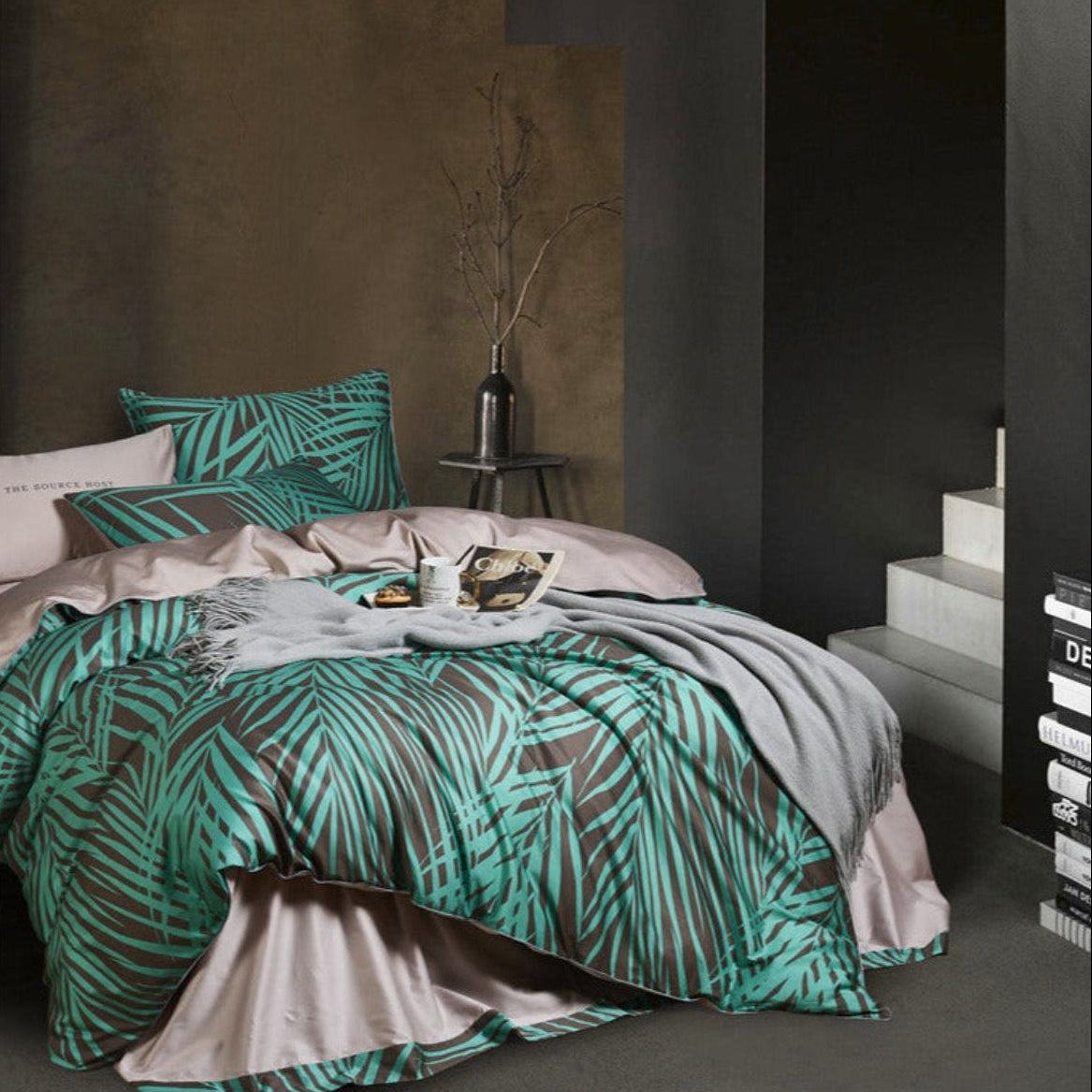 Botanical Green Egyptian Cotton Duvet Cover Set – 4-Piece Modern Bedding with Leaf Pattern | LINKORI Greenilde