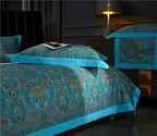 Luxury vintage bedroom with full turquoise paisley set — Coordinated bedding design with matching trim detail for elegant and timeless interiors.