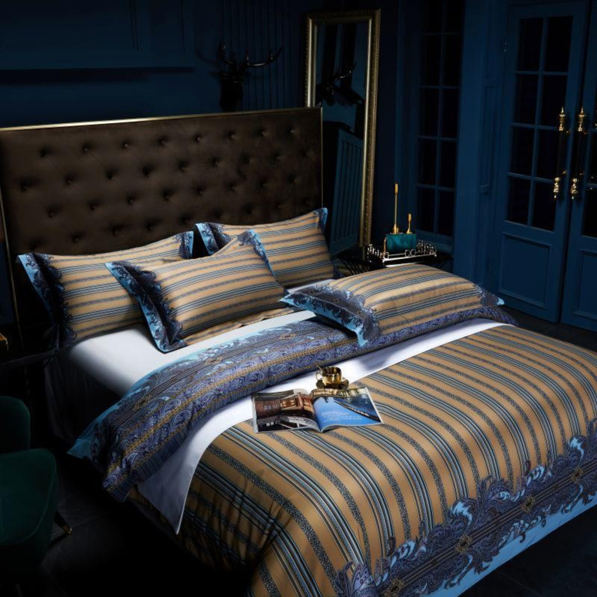 Royal Blue Luxury Bedding – Angled View of Wovo Duvet Cover and Pillows