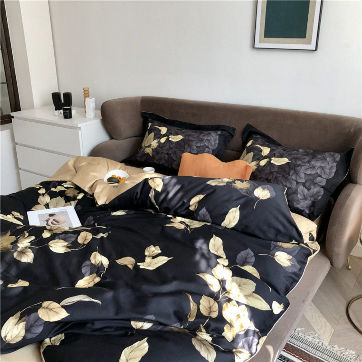 Bold color duvet cover set – black and gold botanical design in smooth Egyptian cotton, perfect for modern bedroom statement style | LINKORI