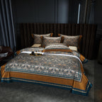 Baroque teal and gold bedding side view with full layout of duvet and pillowcases