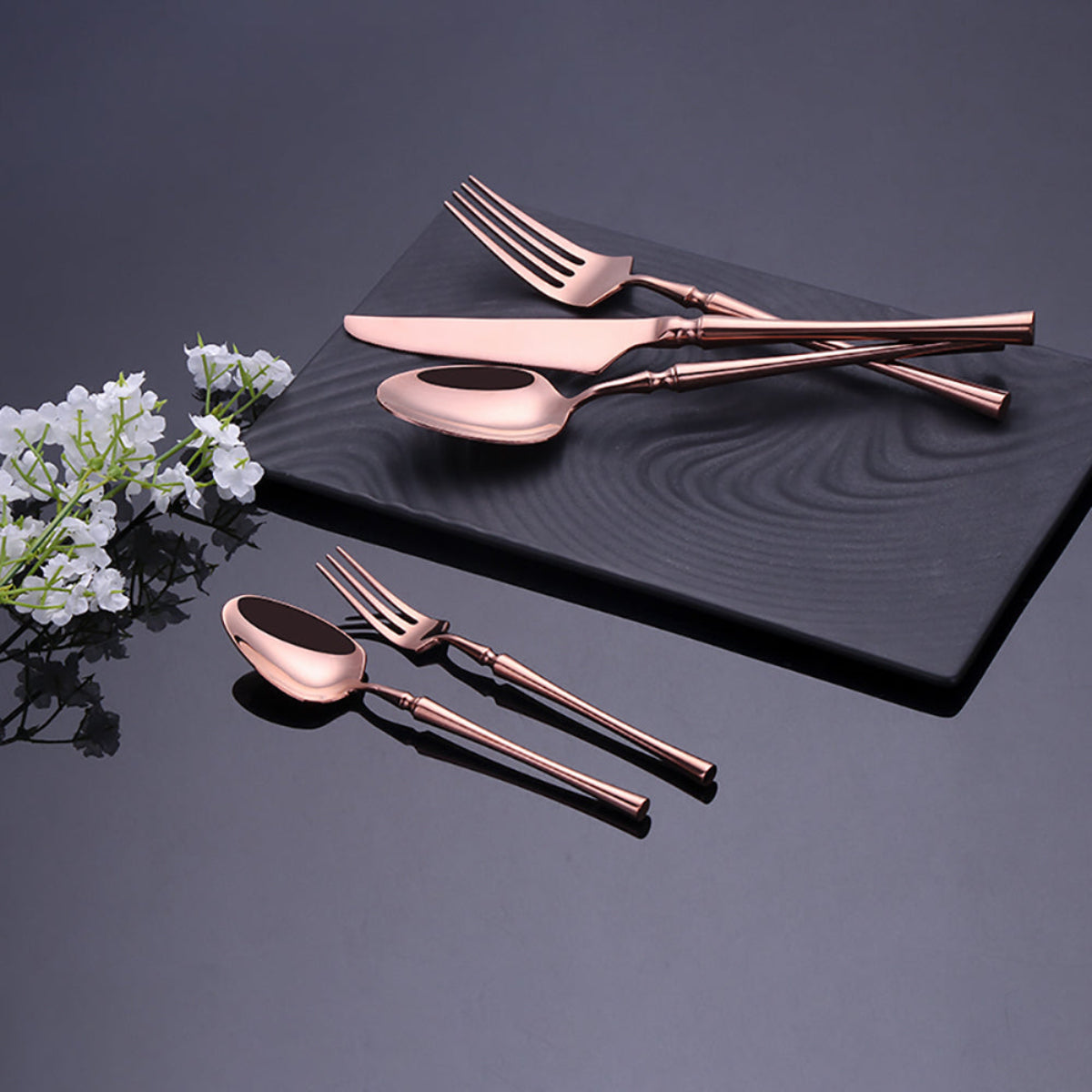 LINKORI Lilla rose gold flatware styled with dining tableware – elegant 5-piece set for entertaining in style