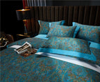 Full 4-piece bedding set in luxury classic bedroom — Turquoise flat sheet, paisley duvet cover, and matching pillow shams for upscale interiors.