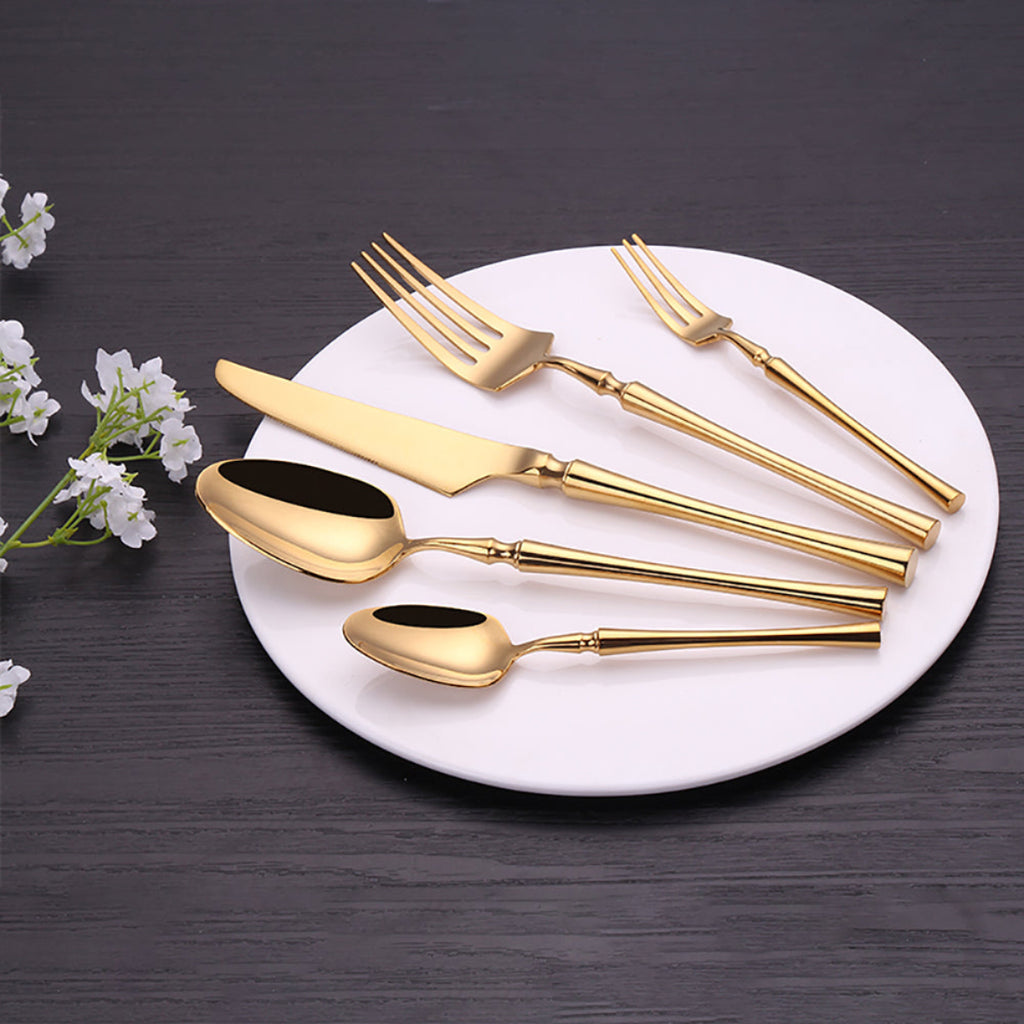 Mirror gold flatware set, 20/25/30-piece 304/420 stainless steel, sculptural handles, luxury dining — LINKORI Lilla Gold Shining