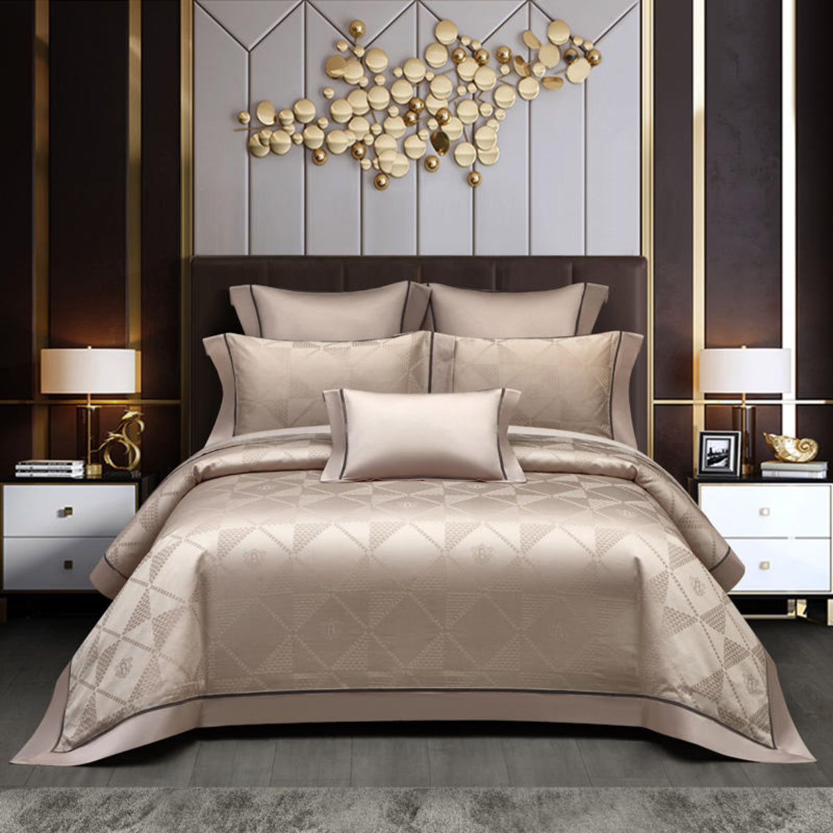 Front view of LINKORI Glotia duvet cover set with 800TC Egyptian cotton in modern interior | Beige luxury bedding