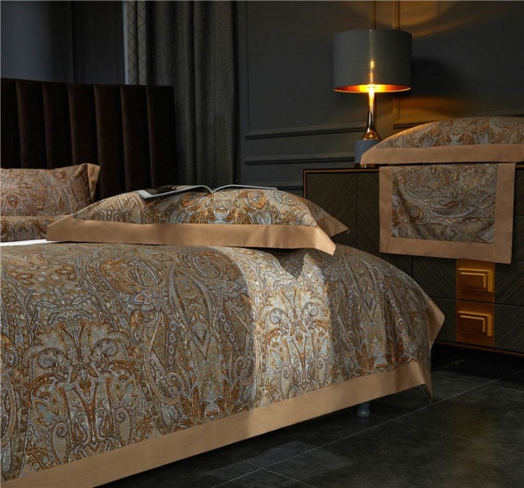 Close-Up of Baroque Duvet Cover Patterns – Golden Ornamental Jacquard Design