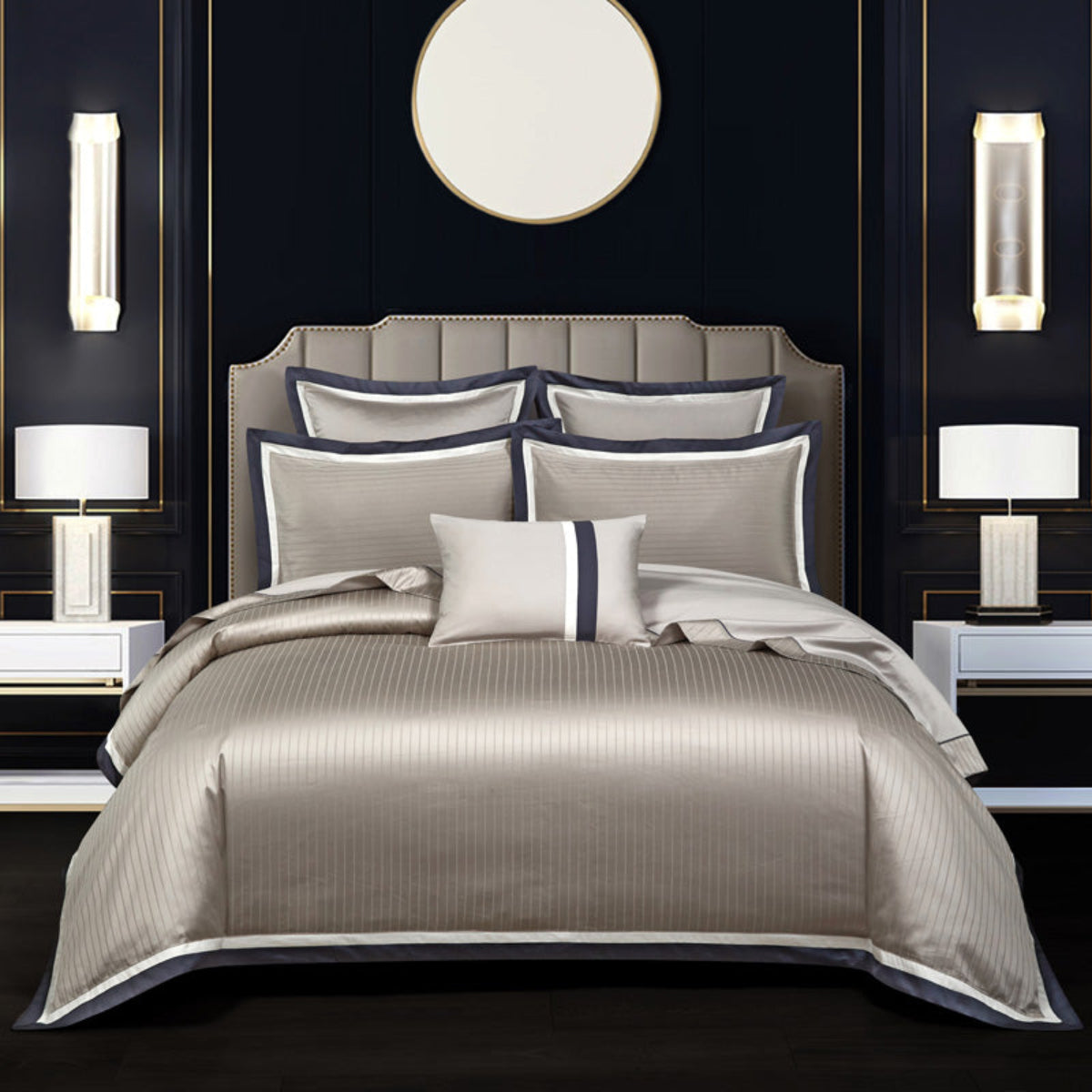 Wide angle of the Pilli bedding set in a modern interior, highlighting the two-tone color blocking and tailored silhouette.