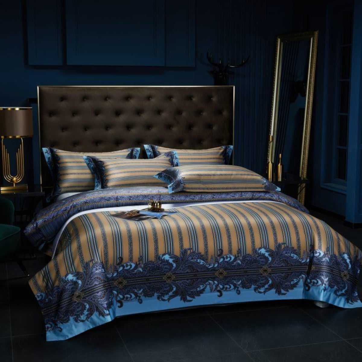 Elegant Royal Blue Bedding – Side Shot of LINKORI Wovo Duvet Set on Bed