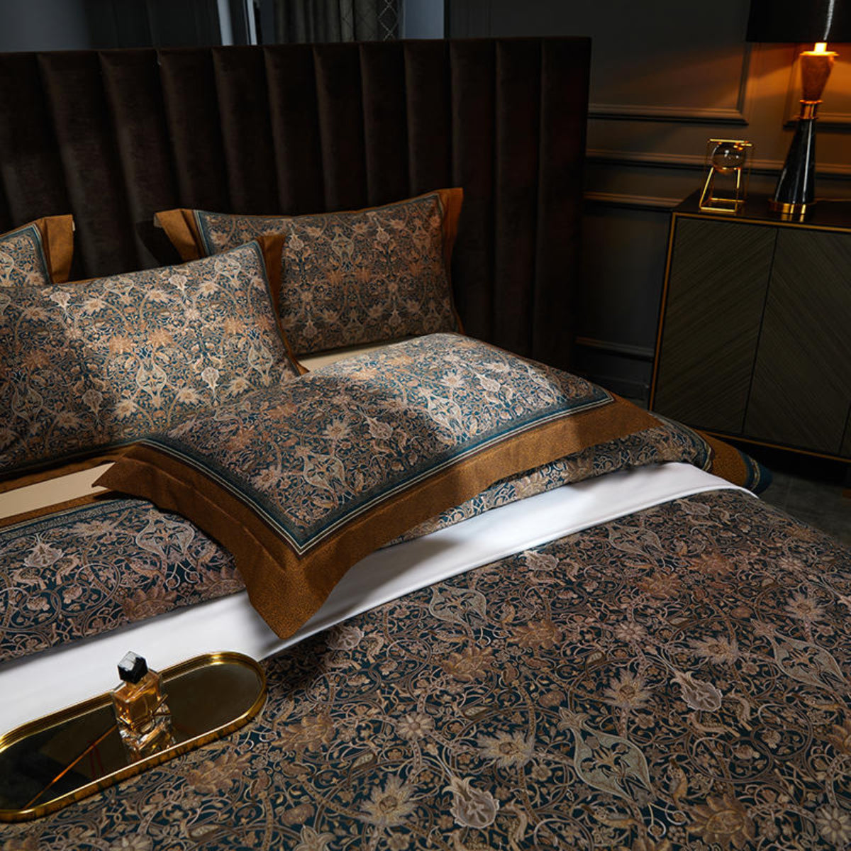 Detailed baroque floral bedding pattern close-up – teal and brown ornate design