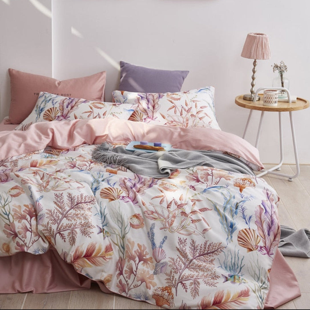 Full view of LINKORI Pinklavel bedding set – blush pink duvet cover with watercolor coral and shell botanical prints