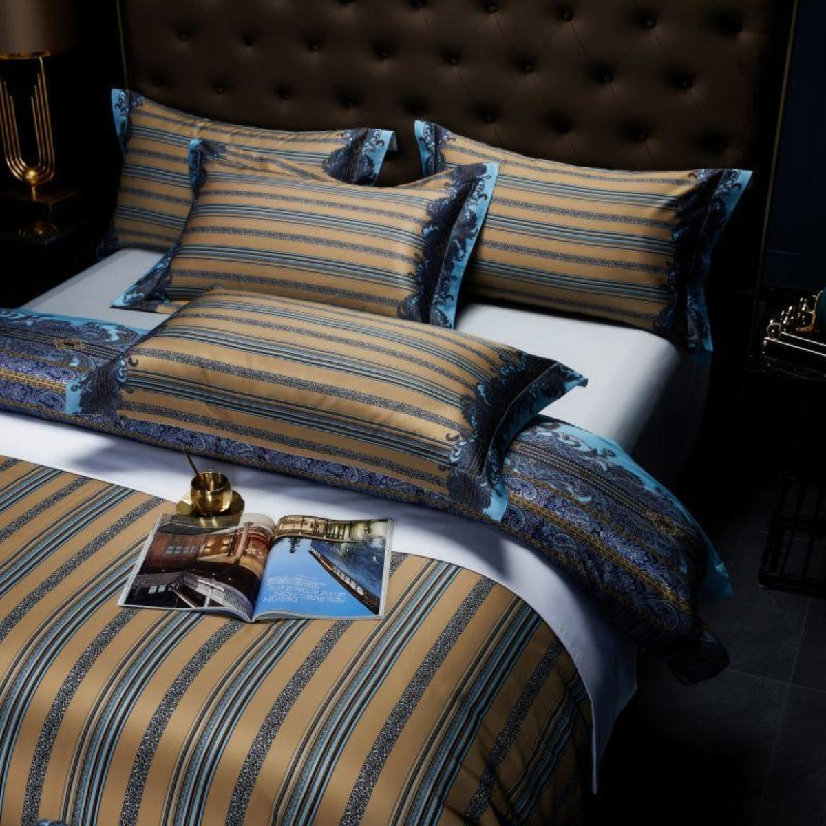 1000 Thread Count Royal Blue Bedding – Close-Up of Full Bedding Set with Gold Accents