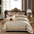 Luxury silk cotton jacquard duvet cover set styled in a regal baroque bedroom with thick spread and embroidered pillows – LINKORI Stapun